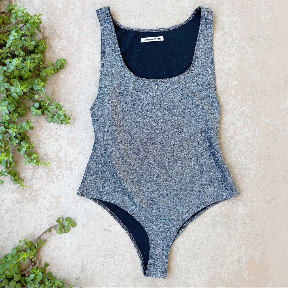 Reformation Saturn Glitter Bodysuit in Silver